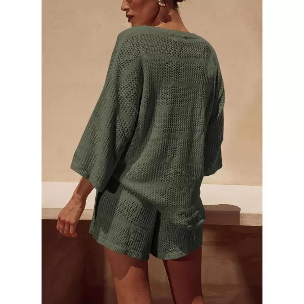 PRETTYGARDEN Womens Summer 2 Piece Swimsuit Coverup Hollow Out Knit Half Sleeve Tops Shorts Sets Bathing Suit Beach OutfitsArmy Green