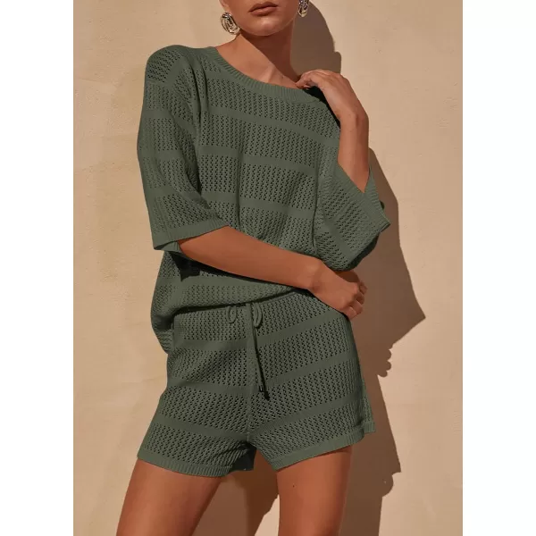 PRETTYGARDEN Womens Summer 2 Piece Swimsuit Coverup Hollow Out Knit Half Sleeve Tops Shorts Sets Bathing Suit Beach OutfitsArmy Green