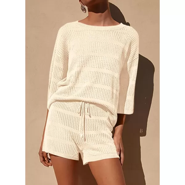 PRETTYGARDEN Womens Summer 2 Piece Swimsuit Coverup Hollow Out Knit Half Sleeve Tops Shorts Sets Bathing Suit Beach OutfitsBeige