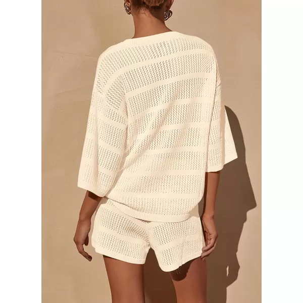 PRETTYGARDEN Womens Summer 2 Piece Swimsuit Coverup Hollow Out Knit Half Sleeve Tops Shorts Sets Bathing Suit Beach OutfitsBeige