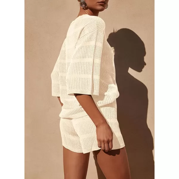 PRETTYGARDEN Womens Summer 2 Piece Swimsuit Coverup Hollow Out Knit Half Sleeve Tops Shorts Sets Bathing Suit Beach OutfitsBeige