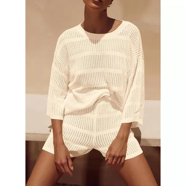 PRETTYGARDEN Womens Summer 2 Piece Swimsuit Coverup Hollow Out Knit Half Sleeve Tops Shorts Sets Bathing Suit Beach OutfitsBeige