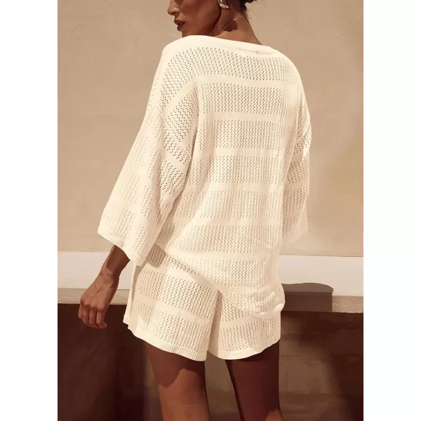 PRETTYGARDEN Womens Summer 2 Piece Swimsuit Coverup Hollow Out Knit Half Sleeve Tops Shorts Sets Bathing Suit Beach OutfitsBeige