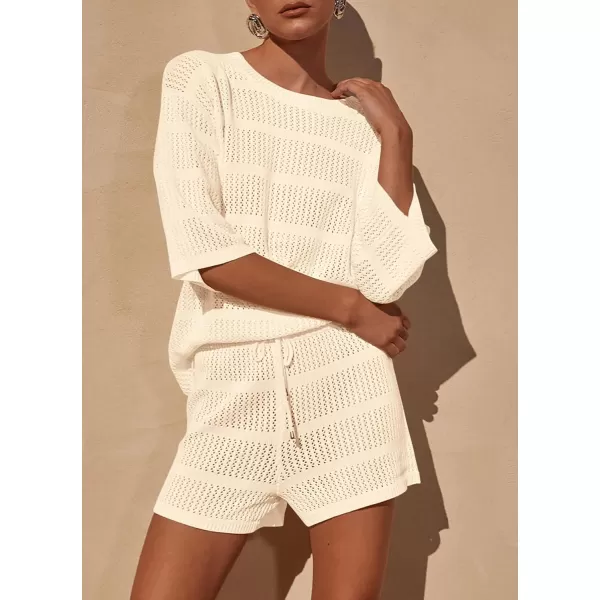 PRETTYGARDEN Womens Summer 2 Piece Swimsuit Coverup Hollow Out Knit Half Sleeve Tops Shorts Sets Bathing Suit Beach OutfitsBeige