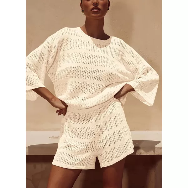 PRETTYGARDEN Womens Summer 2 Piece Swimsuit Coverup Hollow Out Knit Half Sleeve Tops Shorts Sets Bathing Suit Beach OutfitsBeige