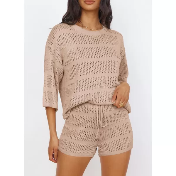 PRETTYGARDEN Womens Summer 2 Piece Swimsuit Coverup Hollow Out Knit Half Sleeve Tops Shorts Sets Bathing Suit Beach OutfitsBeige Apricot