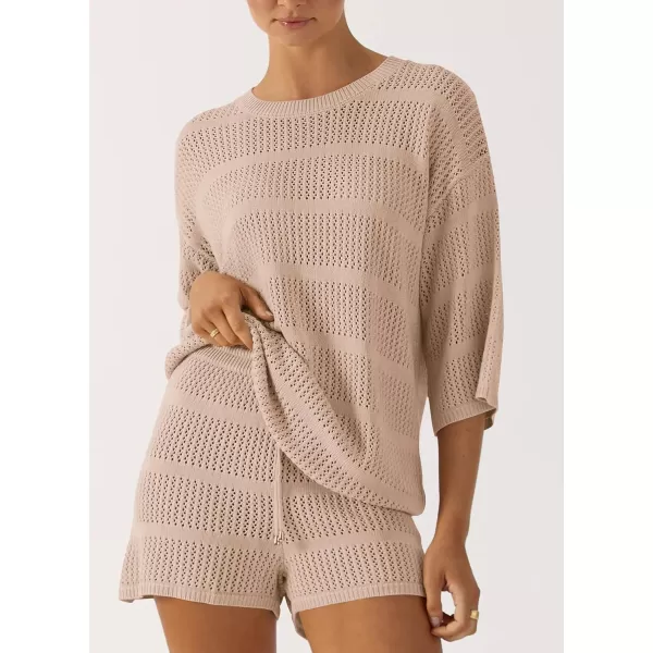PRETTYGARDEN Womens Summer 2 Piece Swimsuit Coverup Hollow Out Knit Half Sleeve Tops Shorts Sets Bathing Suit Beach OutfitsBeige Apricot