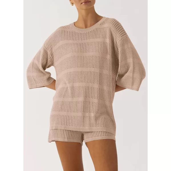 PRETTYGARDEN Womens Summer 2 Piece Swimsuit Coverup Hollow Out Knit Half Sleeve Tops Shorts Sets Bathing Suit Beach OutfitsBeige Apricot