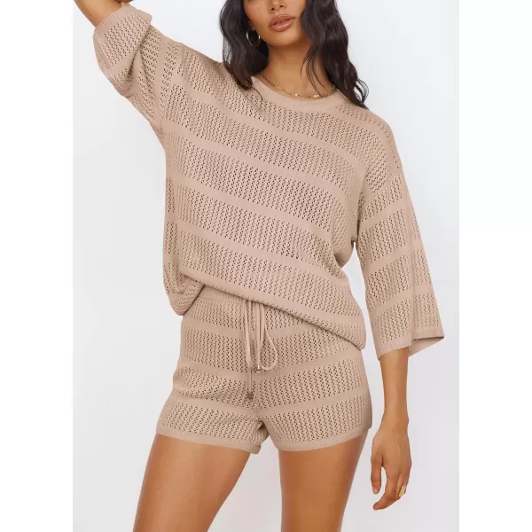 PRETTYGARDEN Womens Summer 2 Piece Swimsuit Coverup Hollow Out Knit Half Sleeve Tops Shorts Sets Bathing Suit Beach OutfitsBeige Apricot