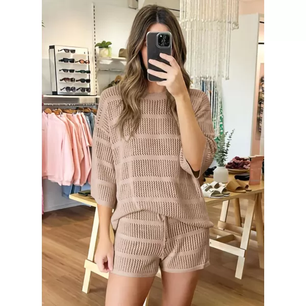 PRETTYGARDEN Womens Summer 2 Piece Swimsuit Coverup Hollow Out Knit Half Sleeve Tops Shorts Sets Bathing Suit Beach OutfitsBeige Apricot