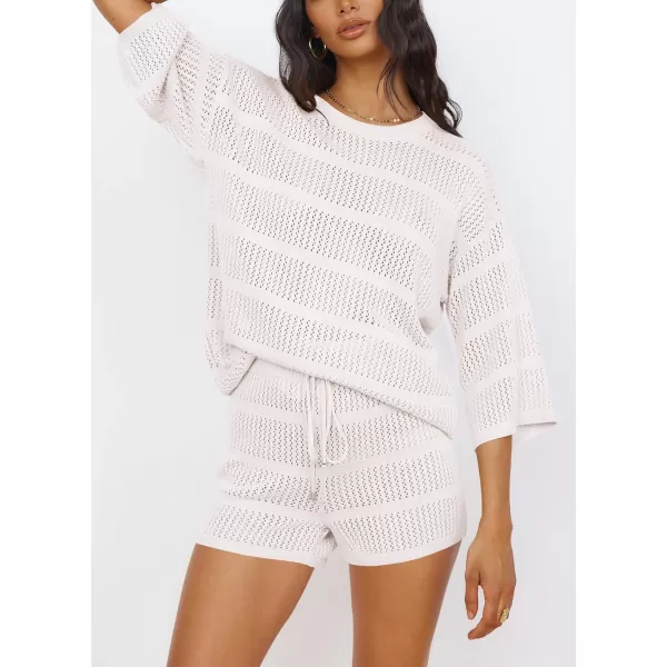 PRETTYGARDEN Womens Summer 2 Piece Swimsuit Coverup Hollow Out Knit Half Sleeve Tops Shorts Sets Bathing Suit Beach OutfitsBeige White