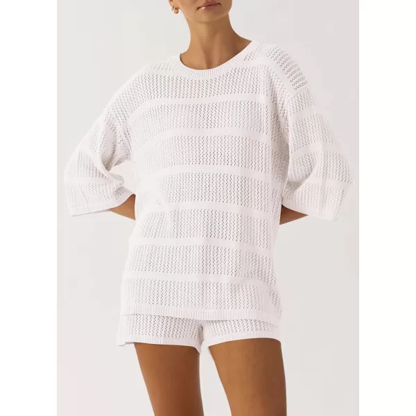 PRETTYGARDEN Womens Summer 2 Piece Swimsuit Coverup Hollow Out Knit Half Sleeve Tops Shorts Sets Bathing Suit Beach OutfitsBeige White
