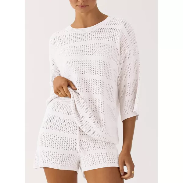 PRETTYGARDEN Womens Summer 2 Piece Swimsuit Coverup Hollow Out Knit Half Sleeve Tops Shorts Sets Bathing Suit Beach OutfitsBeige White
