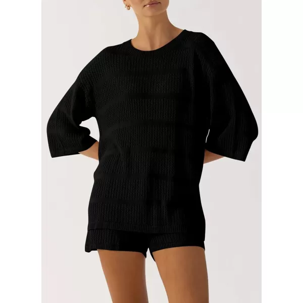 PRETTYGARDEN Womens Summer 2 Piece Swimsuit Coverup Hollow Out Knit Half Sleeve Tops Shorts Sets Bathing Suit Beach OutfitsBlack