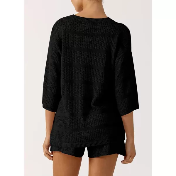 PRETTYGARDEN Womens Summer 2 Piece Swimsuit Coverup Hollow Out Knit Half Sleeve Tops Shorts Sets Bathing Suit Beach OutfitsBlack