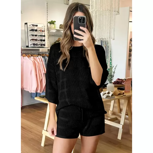 PRETTYGARDEN Womens Summer 2 Piece Swimsuit Coverup Hollow Out Knit Half Sleeve Tops Shorts Sets Bathing Suit Beach OutfitsBlack