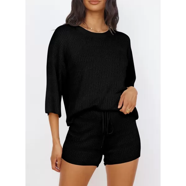 PRETTYGARDEN Womens Summer 2 Piece Swimsuit Coverup Hollow Out Knit Half Sleeve Tops Shorts Sets Bathing Suit Beach OutfitsBlack