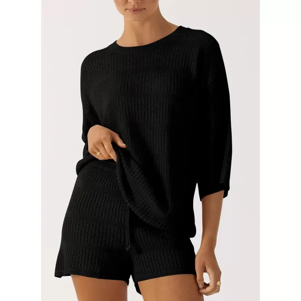 PRETTYGARDEN Womens Summer 2 Piece Swimsuit Coverup Hollow Out Knit Half Sleeve Tops Shorts Sets Bathing Suit Beach OutfitsBlack