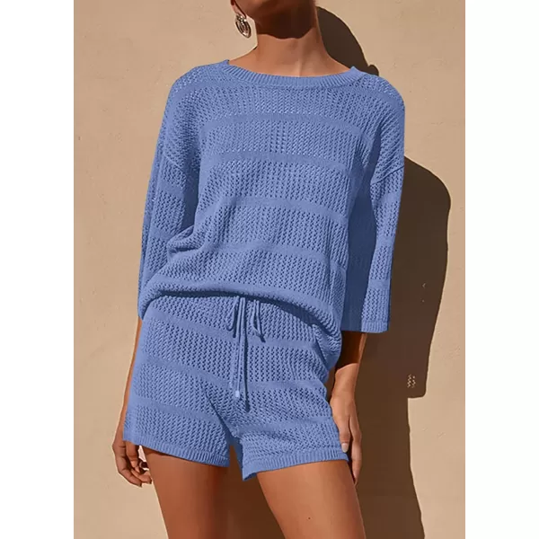 PRETTYGARDEN Womens Summer 2 Piece Swimsuit Coverup Hollow Out Knit Half Sleeve Tops Shorts Sets Bathing Suit Beach OutfitsBlue