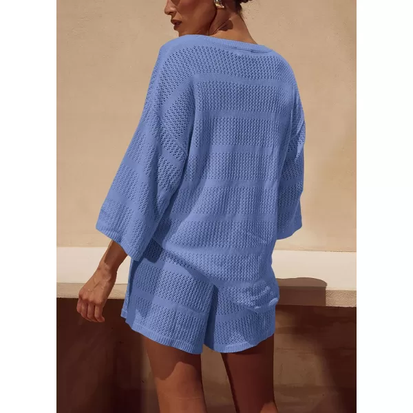 PRETTYGARDEN Womens Summer 2 Piece Swimsuit Coverup Hollow Out Knit Half Sleeve Tops Shorts Sets Bathing Suit Beach OutfitsBlue