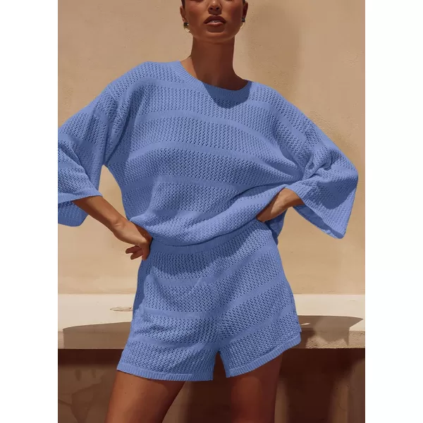 PRETTYGARDEN Womens Summer 2 Piece Swimsuit Coverup Hollow Out Knit Half Sleeve Tops Shorts Sets Bathing Suit Beach OutfitsBlue