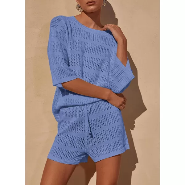 PRETTYGARDEN Womens Summer 2 Piece Swimsuit Coverup Hollow Out Knit Half Sleeve Tops Shorts Sets Bathing Suit Beach OutfitsBlue