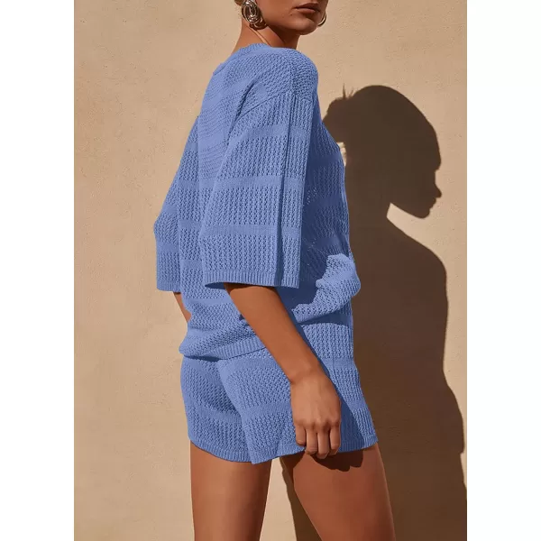 PRETTYGARDEN Womens Summer 2 Piece Swimsuit Coverup Hollow Out Knit Half Sleeve Tops Shorts Sets Bathing Suit Beach OutfitsBlue