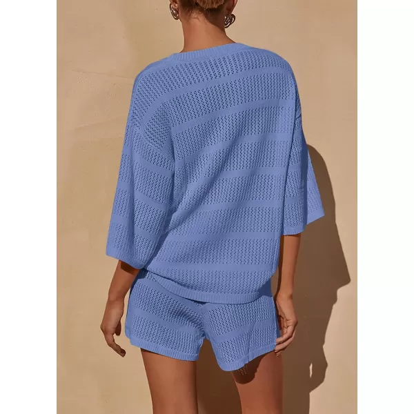 PRETTYGARDEN Womens Summer 2 Piece Swimsuit Coverup Hollow Out Knit Half Sleeve Tops Shorts Sets Bathing Suit Beach OutfitsBlue