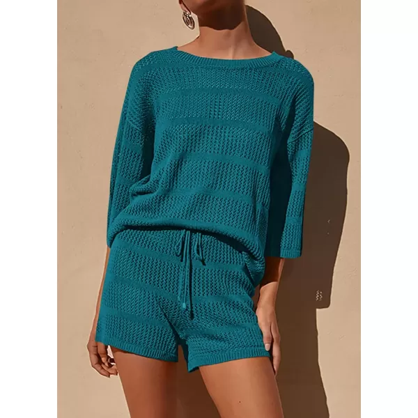 PRETTYGARDEN Womens Summer 2 Piece Swimsuit Coverup Hollow Out Knit Half Sleeve Tops Shorts Sets Bathing Suit Beach OutfitsBlue Green
