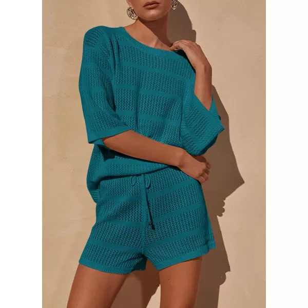 PRETTYGARDEN Womens Summer 2 Piece Swimsuit Coverup Hollow Out Knit Half Sleeve Tops Shorts Sets Bathing Suit Beach OutfitsBlue Green