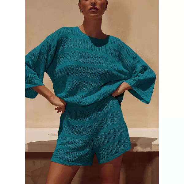 PRETTYGARDEN Womens Summer 2 Piece Swimsuit Coverup Hollow Out Knit Half Sleeve Tops Shorts Sets Bathing Suit Beach OutfitsBlue Green