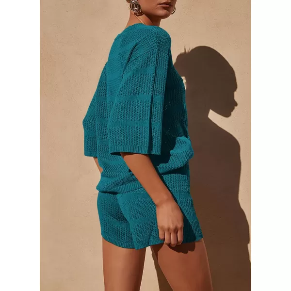 PRETTYGARDEN Womens Summer 2 Piece Swimsuit Coverup Hollow Out Knit Half Sleeve Tops Shorts Sets Bathing Suit Beach OutfitsBlue Green