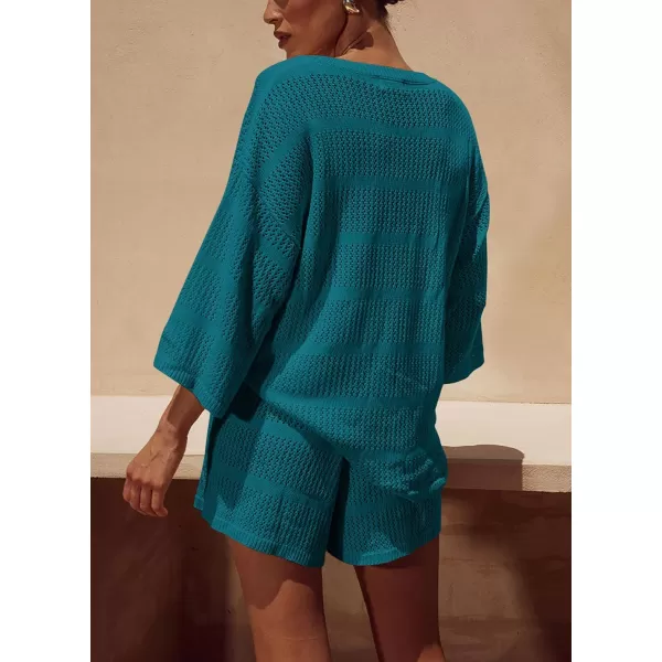 PRETTYGARDEN Womens Summer 2 Piece Swimsuit Coverup Hollow Out Knit Half Sleeve Tops Shorts Sets Bathing Suit Beach OutfitsBlue Green