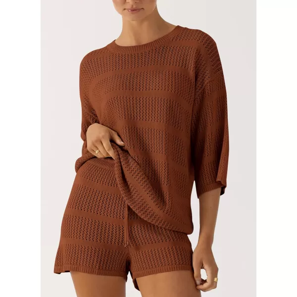 PRETTYGARDEN Womens Summer 2 Piece Swimsuit Coverup Hollow Out Knit Half Sleeve Tops Shorts Sets Bathing Suit Beach OutfitsBrown