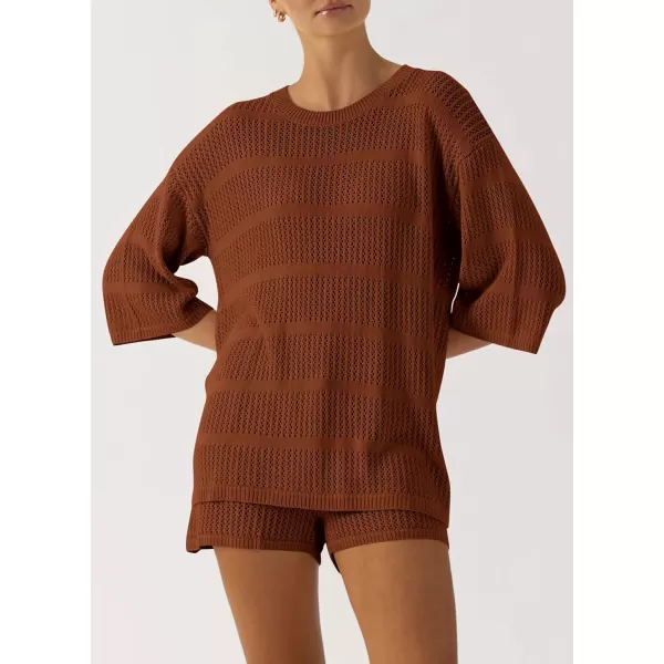 PRETTYGARDEN Womens Summer 2 Piece Swimsuit Coverup Hollow Out Knit Half Sleeve Tops Shorts Sets Bathing Suit Beach OutfitsBrown
