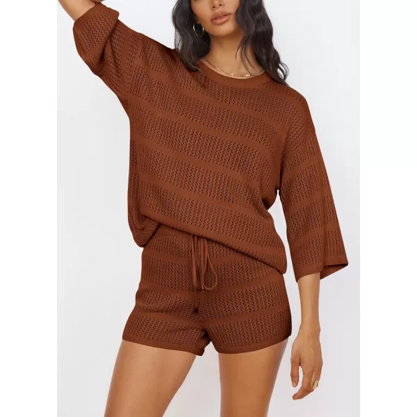 PRETTYGARDEN Womens Summer 2 Piece Swimsuit Coverup Hollow Out Knit Half Sleeve Tops Shorts Sets Bathing Suit Beach OutfitsBrown