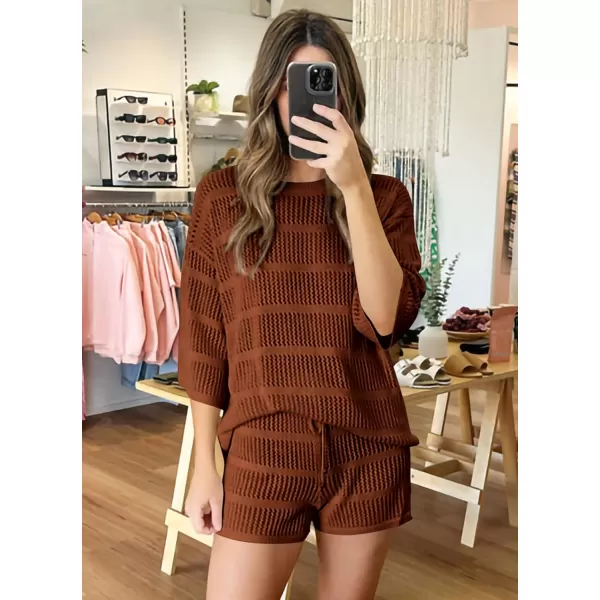PRETTYGARDEN Womens Summer 2 Piece Swimsuit Coverup Hollow Out Knit Half Sleeve Tops Shorts Sets Bathing Suit Beach OutfitsBrown