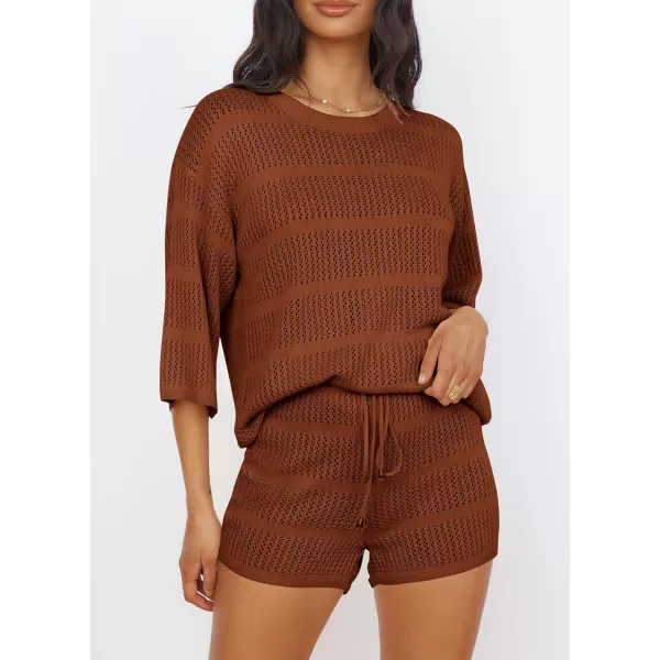 PRETTYGARDEN Womens Summer 2 Piece Swimsuit Coverup Hollow Out Knit Half Sleeve Tops Shorts Sets Bathing Suit Beach OutfitsBrown