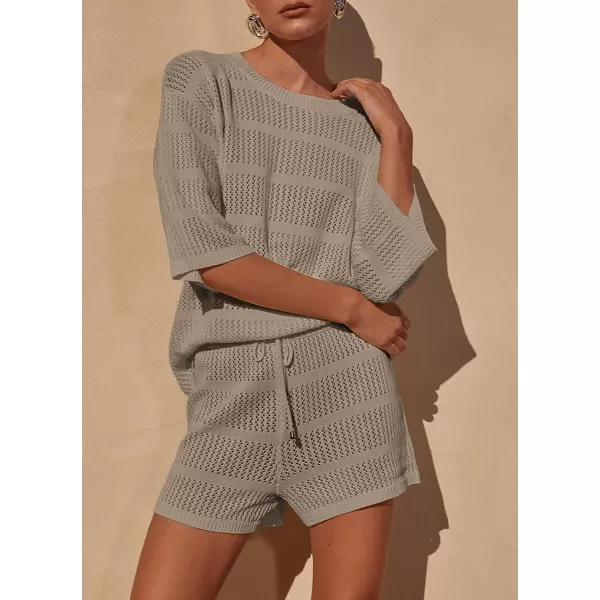 PRETTYGARDEN Womens Summer 2 Piece Swimsuit Coverup Hollow Out Knit Half Sleeve Tops Shorts Sets Bathing Suit Beach OutfitsKhaki