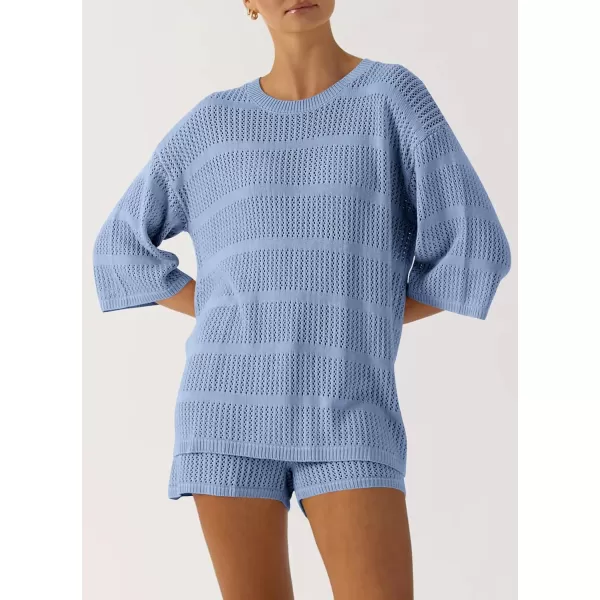 PRETTYGARDEN Womens Summer 2 Piece Swimsuit Coverup Hollow Out Knit Half Sleeve Tops Shorts Sets Bathing Suit Beach OutfitsLight Blue