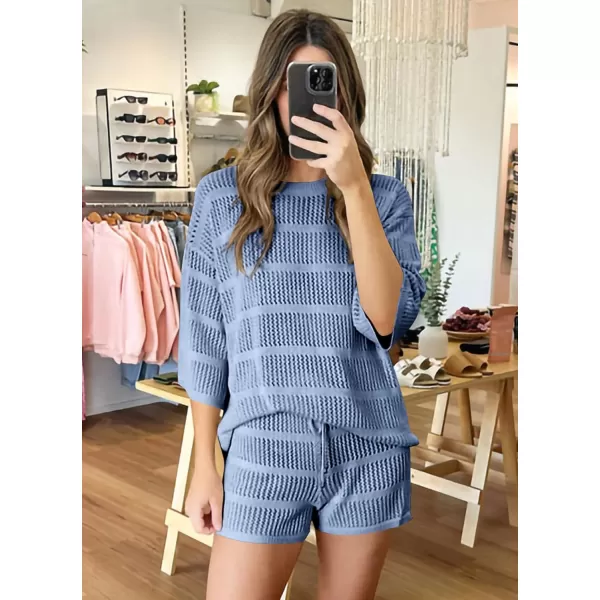 PRETTYGARDEN Womens Summer 2 Piece Swimsuit Coverup Hollow Out Knit Half Sleeve Tops Shorts Sets Bathing Suit Beach OutfitsLight Blue