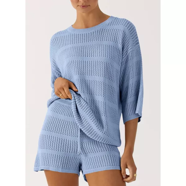 PRETTYGARDEN Womens Summer 2 Piece Swimsuit Coverup Hollow Out Knit Half Sleeve Tops Shorts Sets Bathing Suit Beach OutfitsLight Blue