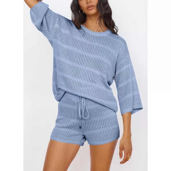 PRETTYGARDEN Womens Summer 2 Piece Swimsuit Coverup Hollow Out Knit Half Sleeve Tops Shorts Sets Bathing Suit Beach OutfitsLight Blue