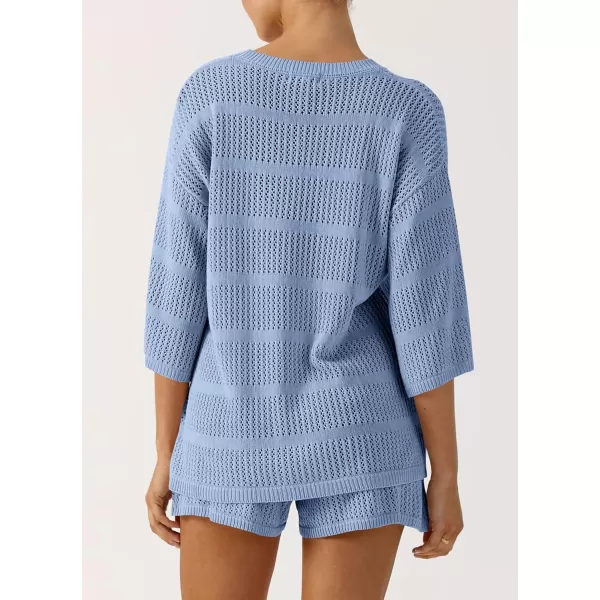 PRETTYGARDEN Womens Summer 2 Piece Swimsuit Coverup Hollow Out Knit Half Sleeve Tops Shorts Sets Bathing Suit Beach OutfitsLight Blue