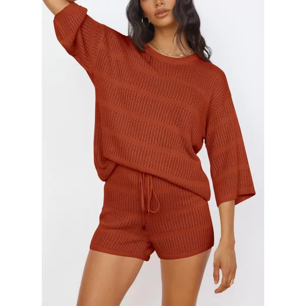 PRETTYGARDEN Womens Summer 2 Piece Swimsuit Coverup Hollow Out Knit Half Sleeve Tops Shorts Sets Bathing Suit Beach OutfitsOrange