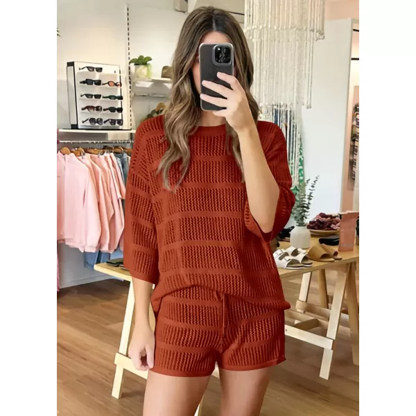 PRETTYGARDEN Womens Summer 2 Piece Swimsuit Coverup Hollow Out Knit Half Sleeve Tops Shorts Sets Bathing Suit Beach OutfitsOrange
