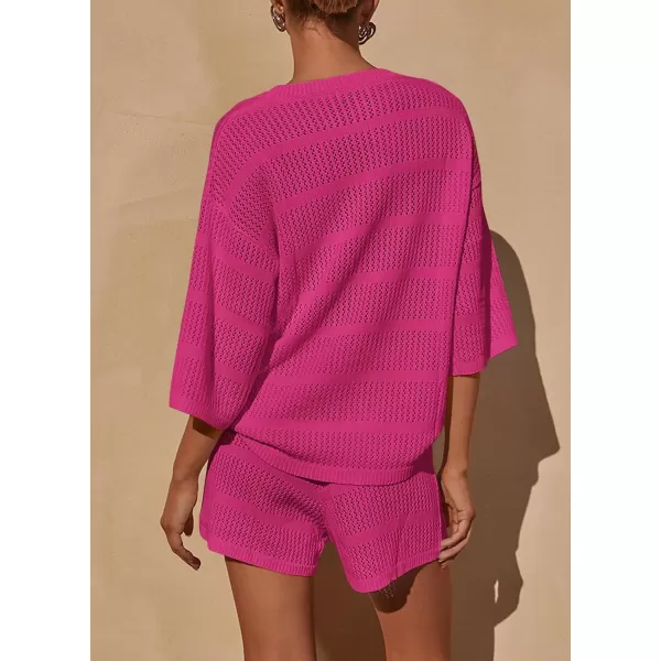 PRETTYGARDEN Womens Summer 2 Piece Swimsuit Coverup Hollow Out Knit Half Sleeve Tops Shorts Sets Bathing Suit Beach OutfitsRose Red