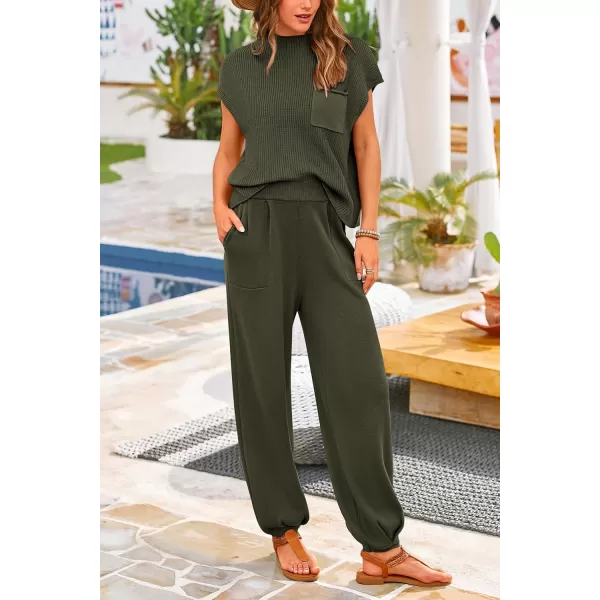 PRETTYGARDEN Womens Two Piece Outfits Sweater Sets Knit Pullover Tops And High Waisted Pants Matching Tracksuit Sweatsuit SetArmy Green