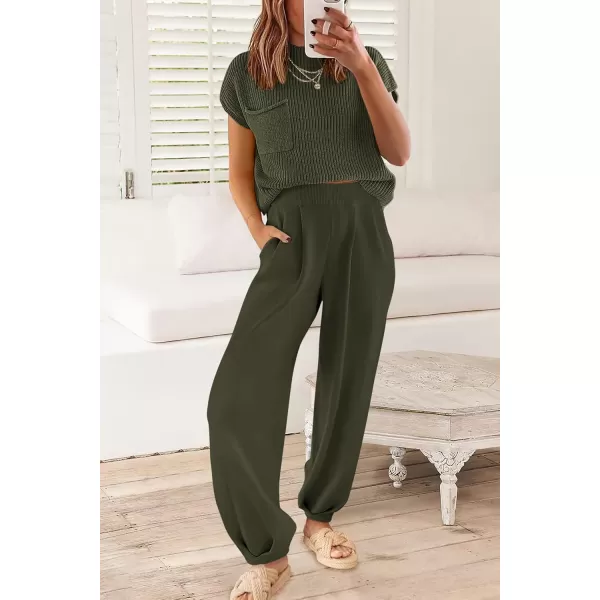 PRETTYGARDEN Womens Two Piece Outfits Sweater Sets Knit Pullover Tops And High Waisted Pants Matching Tracksuit Sweatsuit SetArmy Green