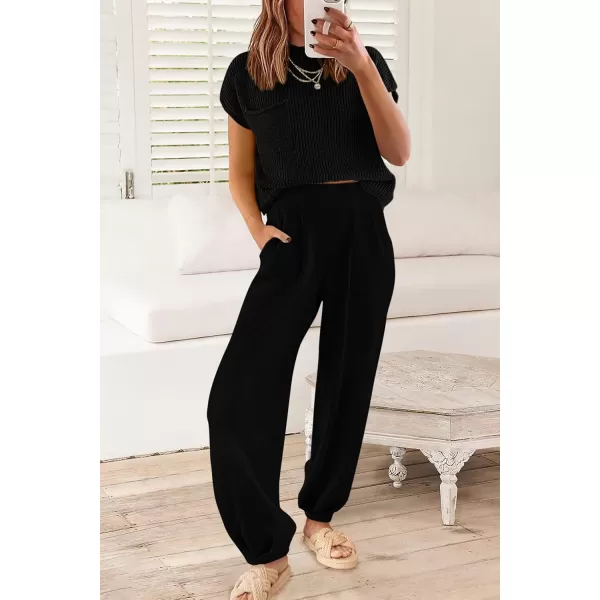 PRETTYGARDEN Womens Two Piece Outfits Sweater Sets Knit Pullover Tops And High Waisted Pants Matching Tracksuit Sweatsuit SetBlack